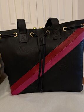 Capital Z Black Tote Bag with Red and Pink Diagonal Stripes - Women Bags